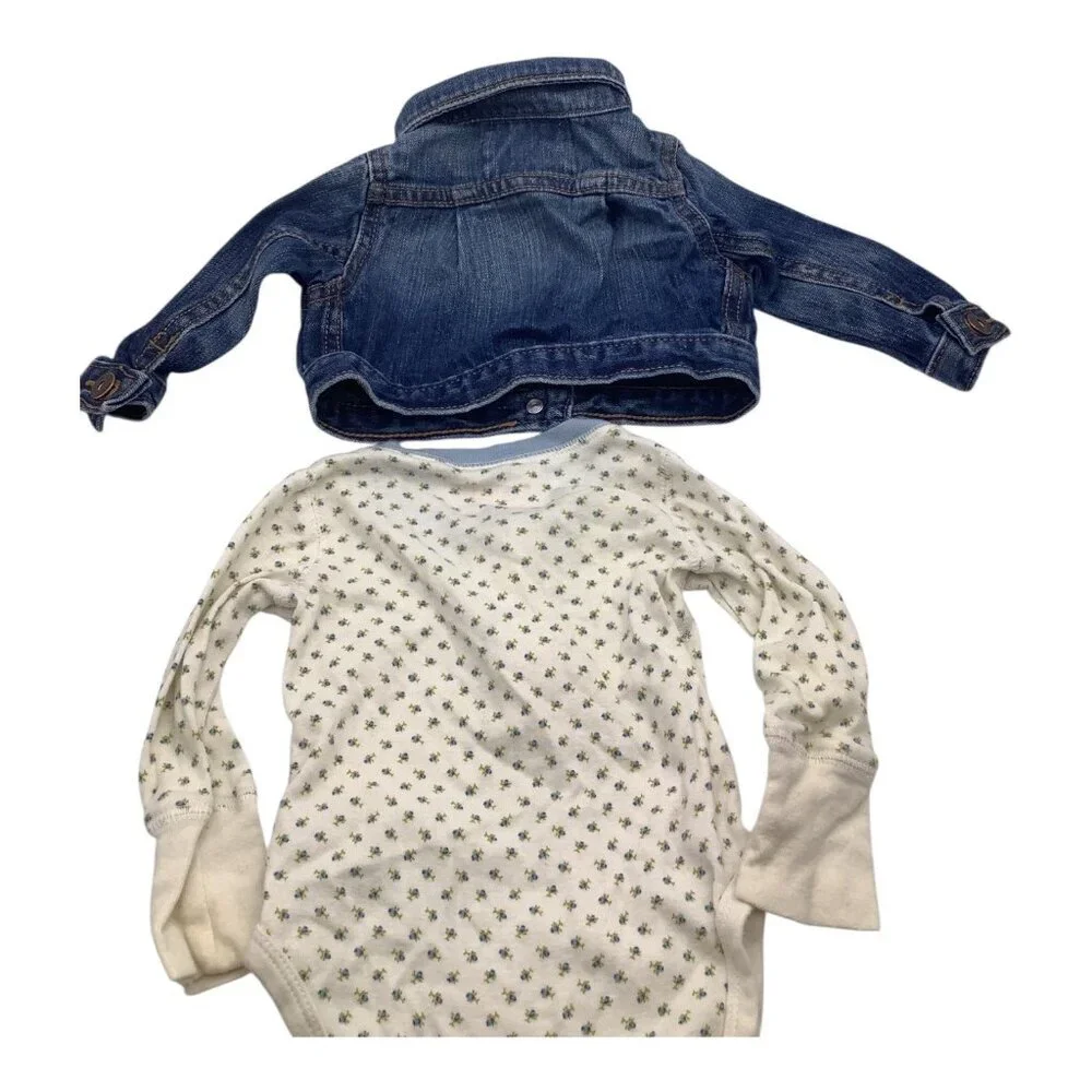 Lot of 2 OshKosh Baby Girl Size 6 Months Floral White Bodysuit Denim Blue Jacket